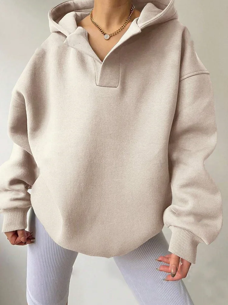 Lässige, übergroße, langärmlige Fleece-Sweatshirt-Kapuzenpullover für Damen mit Taschen