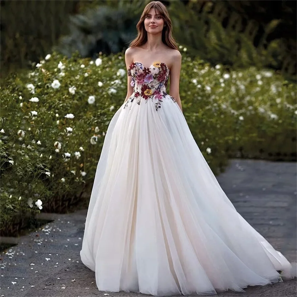 

Amanda Colorful Embroidered Wedding Dress for Women Bride Sweetheart Backless Pastoral Marriage Bridal Flower Dresses