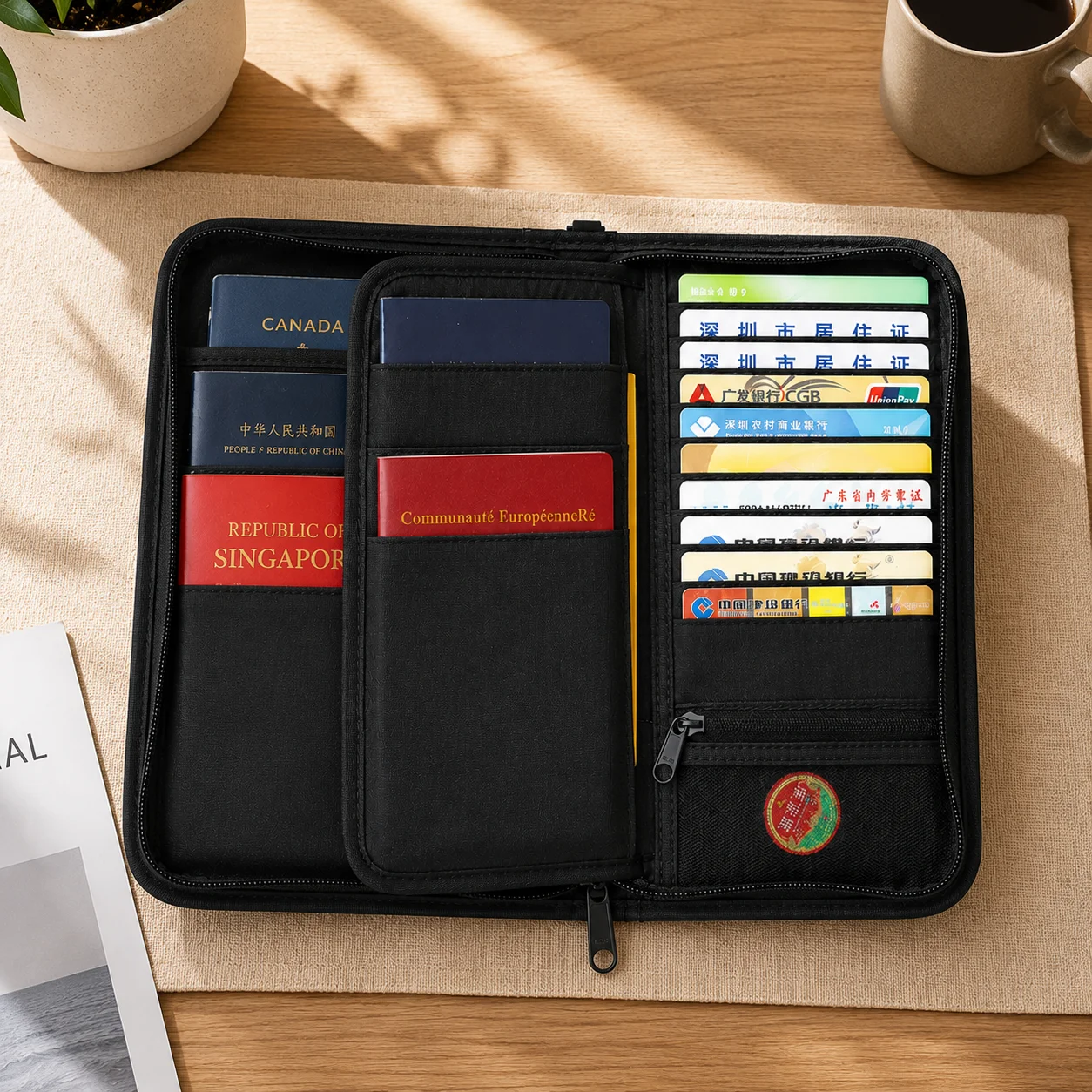 RFID Blocking Passport Bag Travel Document Holder with Long Zipper Ticket Storage Wallet for Multiple Passports Multi-Functional