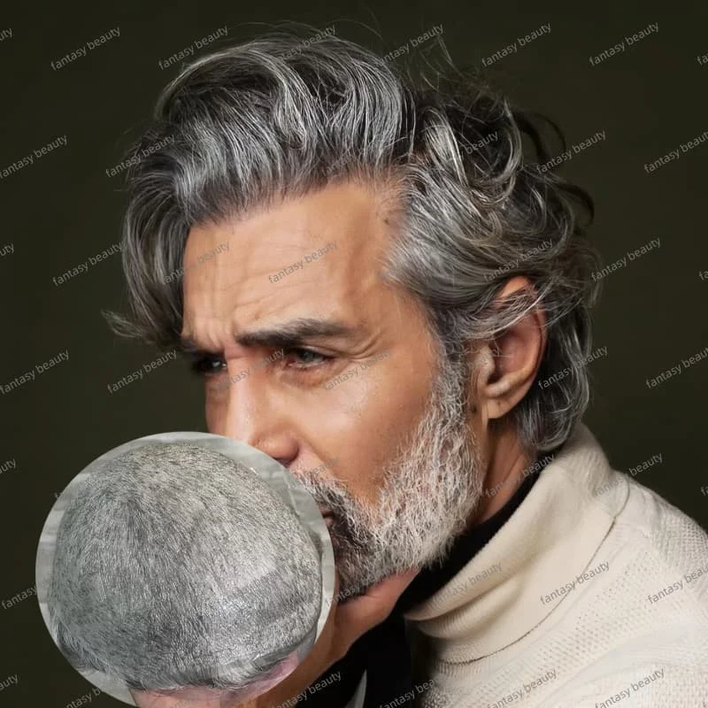 

# 1b65 # 1b80 # 60R черный, серый мужской парик 0,04 мм, тонкая кожа, мужской парик, плотность 90%, двойные узлы, мужской капиллярный протез, 100% человеческие волосы