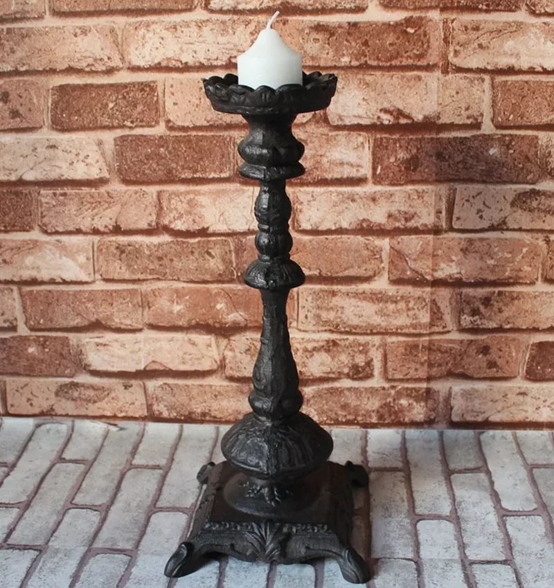 Antique Black Large Cast Iron Candle Holder With Square Standing Base European Country Accents Handmade Home Table Decor Piece