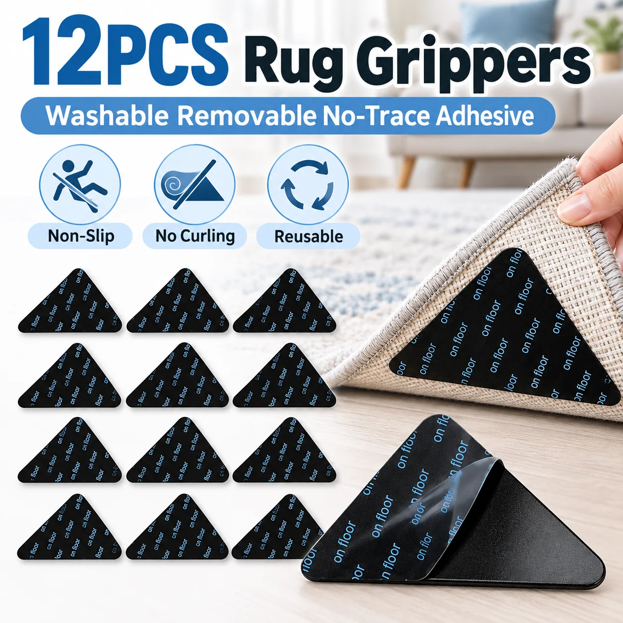 12PCS Non Slip Rug Grippers Washable Reusable Carpet Corner Stickers Anti Curling Rug Pads for Area Rugs Door Mats Bedroom Floor