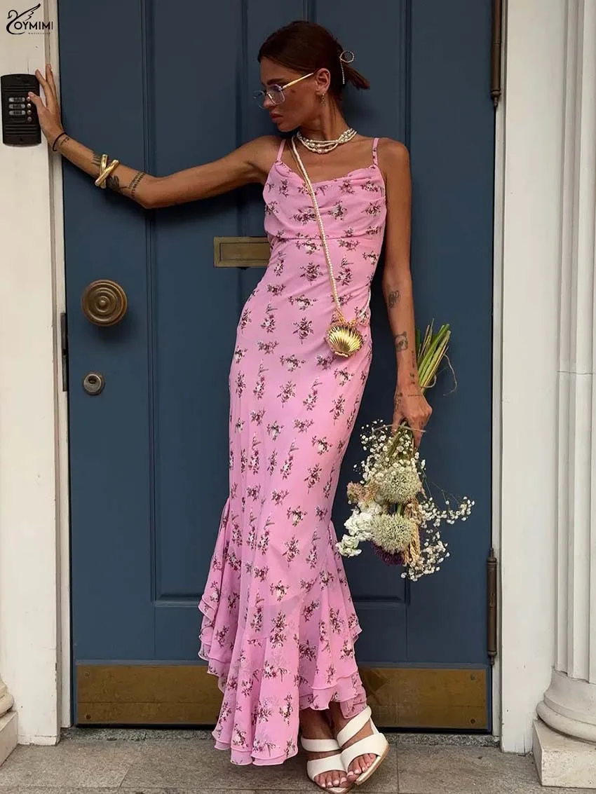 

Oymimi Autumn Pink Print Women's Dress Elegant Spaghetti Strap Slim Open Back Dresses Fashion Bandage Pleated Ankle-Length Dress