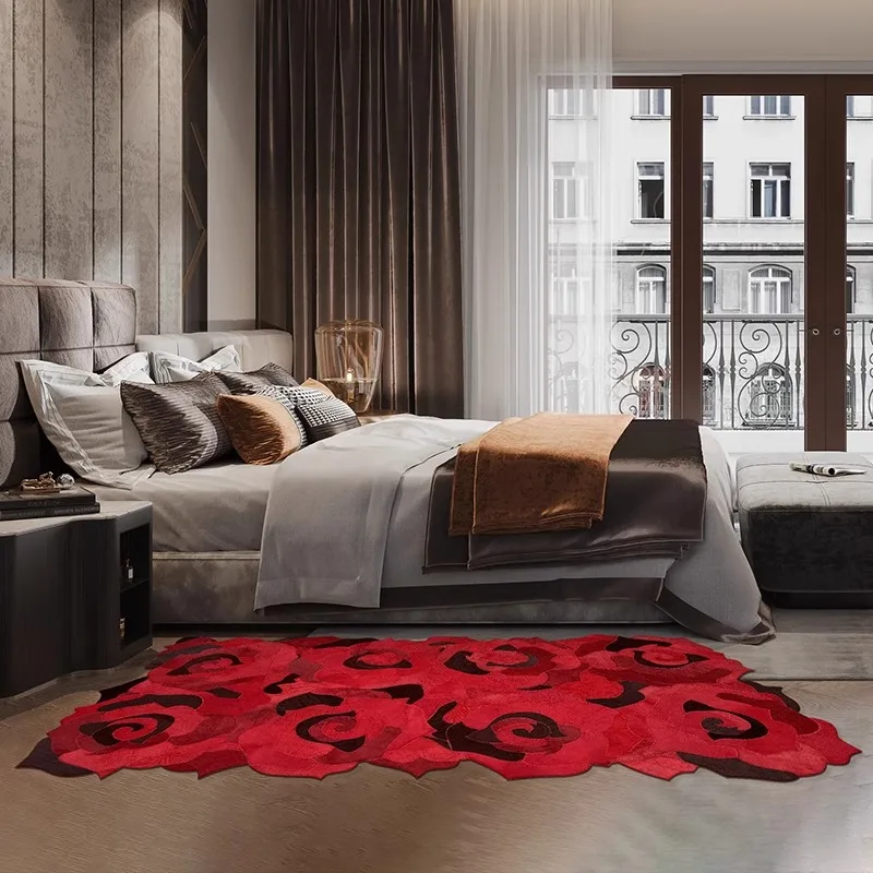 Red Rose Flower Real Cowhide Carpet Bedroom Handmade Luxury Bedside Floor Mat Large Irregular Rug Home Carpet Rug Living Room