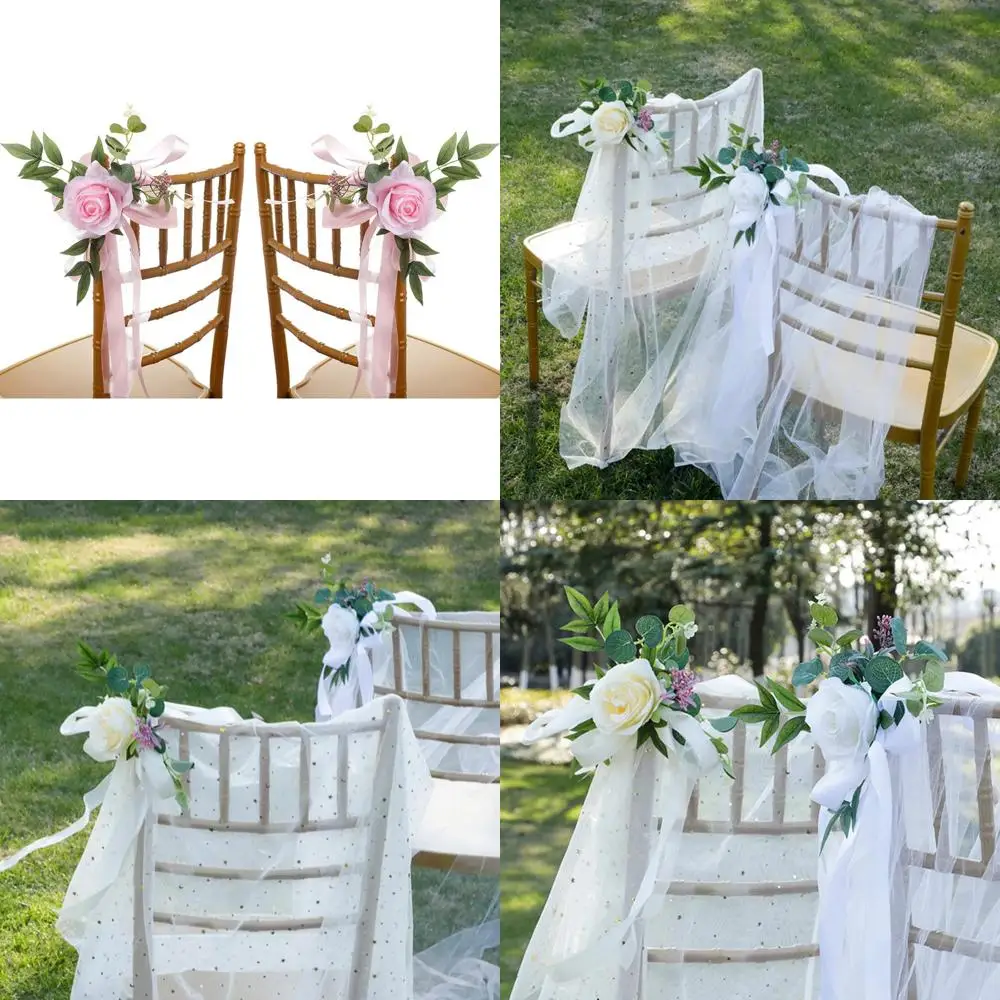 

Набор из 6 украшений для свадебного стула из искусственной розы и эвкалипта с лентами, 46x27 см для церемониальных вечеринок