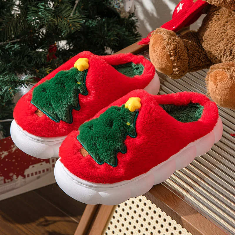 

new year gift 2025 winter christmas couple slippers santa claus fluffy slippers soft warm slides Indoor cozy flat shoes ladies ﻿