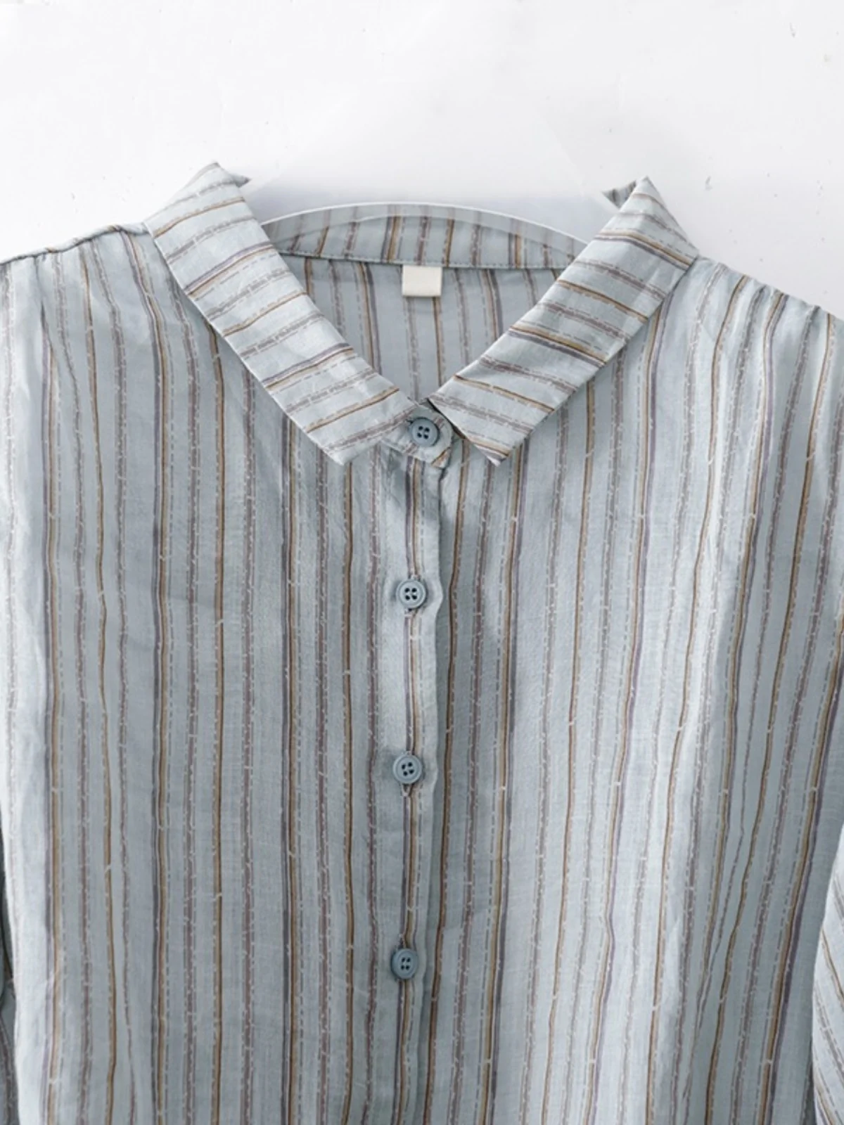 Retro Flannel Stripe Shirt Women Summer Fashion Loose Versatile Turn-down Collar Cotton Linen Seven Sleeve Tops - view 2