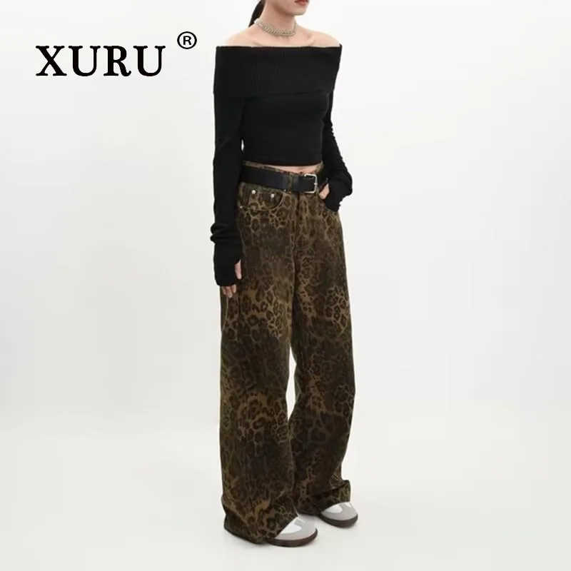 XURU - New Women's Retro Leopard Pattern Jeans, Fashionable Hot Pants Look Thin Straight Tube Loose Jeans Pants