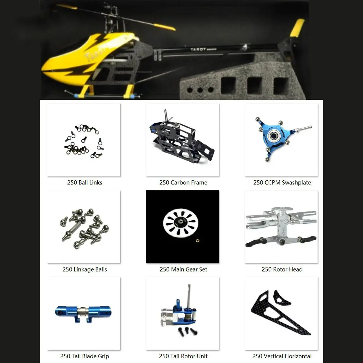 Ersatz für Hubschrauber TREX 250: Hauptrahmen / Klingenhalter / Schwassplatte / Verbindungsstange / Hauptgetriebe / Rotorkopf / Schwanzkasten / Vertikaler Flügel
