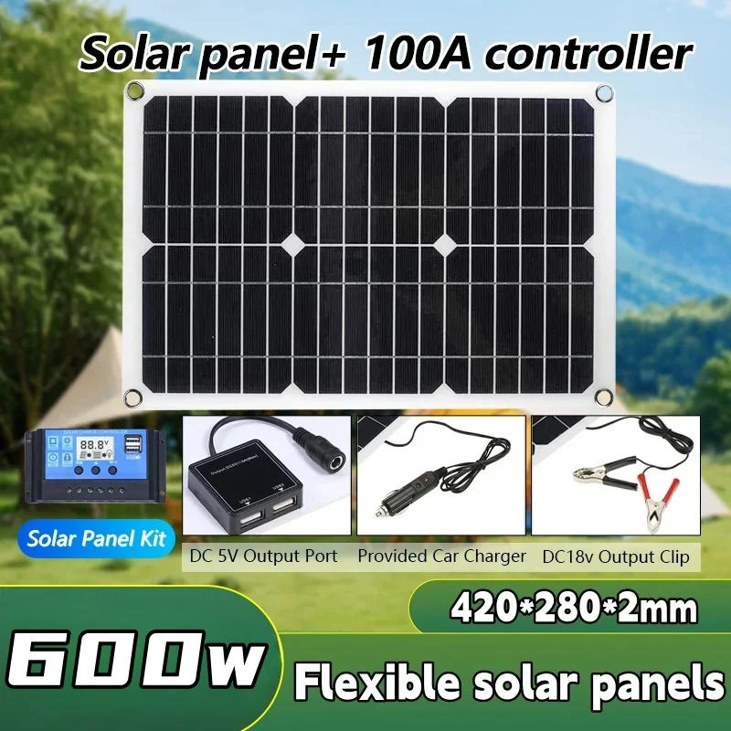 600W Solar Panel Kit Complete 12V USB With 100A Controller Solar Cells for Car Yacht RV Boat Moblie Phone Battery Charger