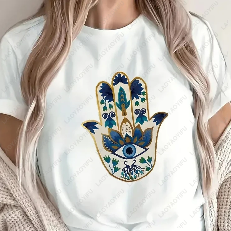 

Lightweight And Durable Black Short-Sleeve Tee Featuring a Hamsa Hand Design Ideal for Casual Outings Whether at Home