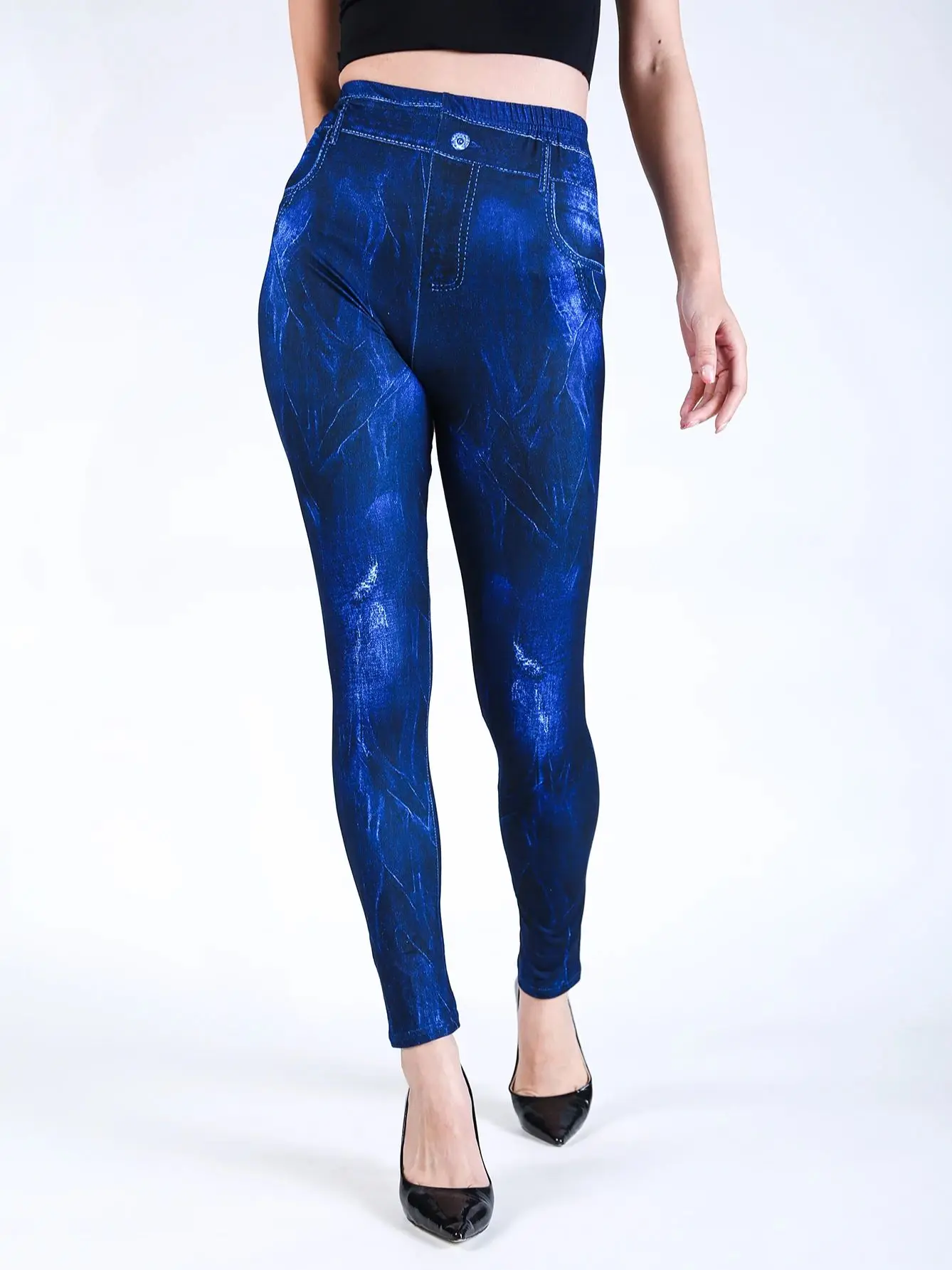 VISNXGI celana pensil Denim palsu wanita, Legging lembut seksi pinggang tinggi, celana pensil garis biru Motif mulus