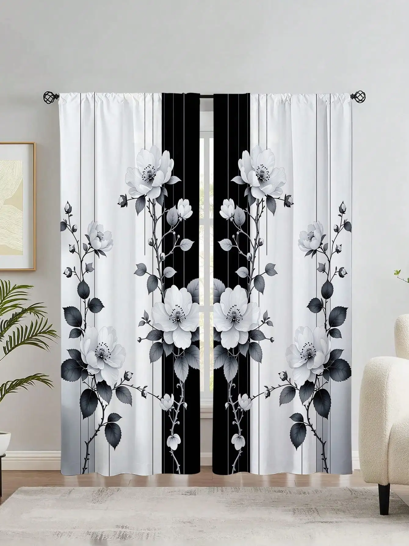 2pcs Stripes Line Flower Art Printed Window Curtain,Without Holes Curtain,Refer To Bedroom Office Kitchen Living Room Study Home