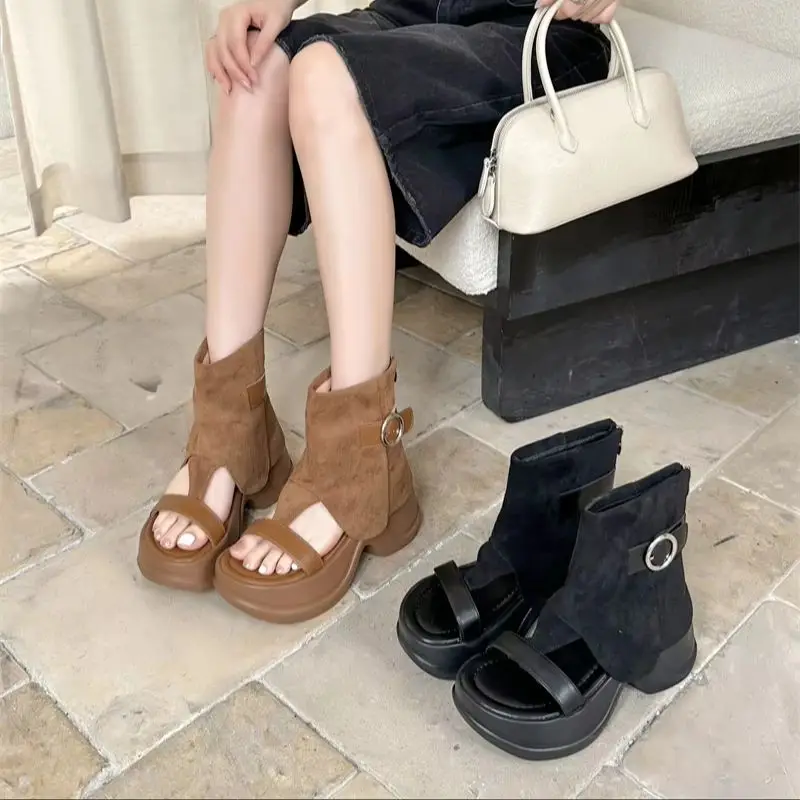 Black Platform Sandals Woman Open Toe Summer Boots Brown High Heel Wedges Shoes Punk Chunky Heels Ankle-High Shoes 2026 Trend