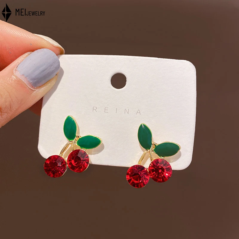 Cubic Zirconia Studded Cherry Strawberry Earrings Oil Droplets Cute Countryside Sweet Cool Spicy Girl Style Earrings