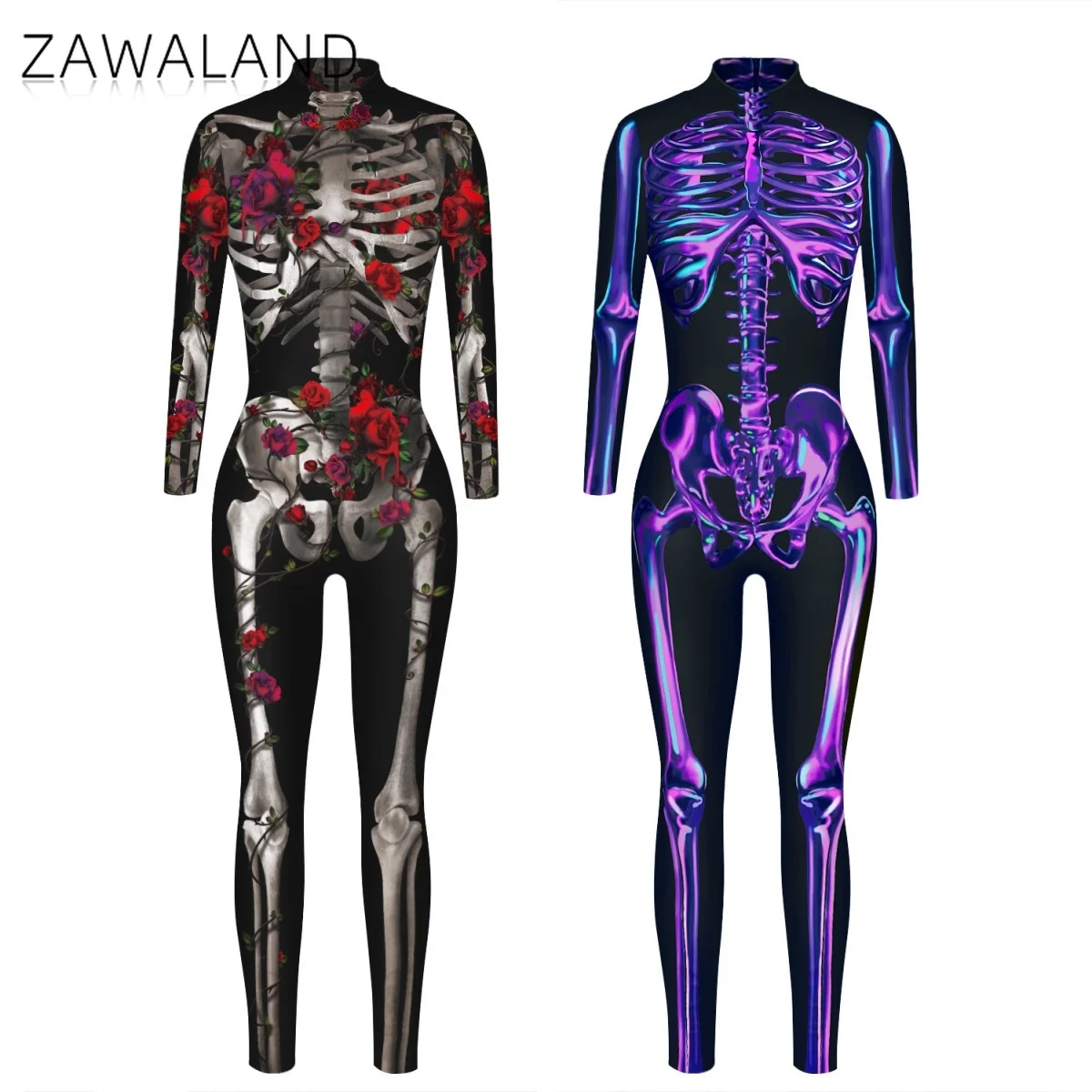 

Floral Skeleton Cosplay Costume For Adult Puple Skull 3D Printing Long Sleeve Jumpsuit Party Performace Bodysuit Carnival Outfit