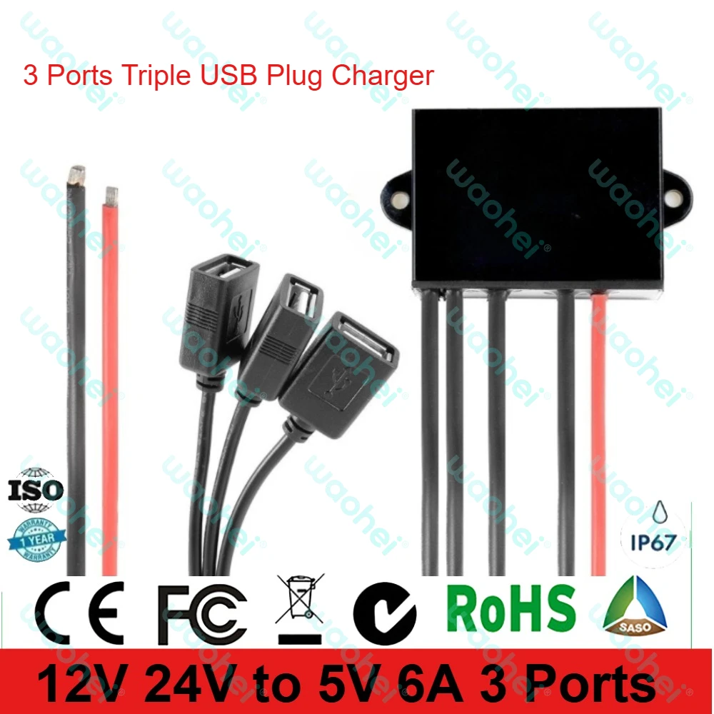 

12V 24V to 5V 6A 3 Ports Triple USB Plug Charger DC DC Power Converter Step Down Buck Multiple Female Adapter Converters 30W CE