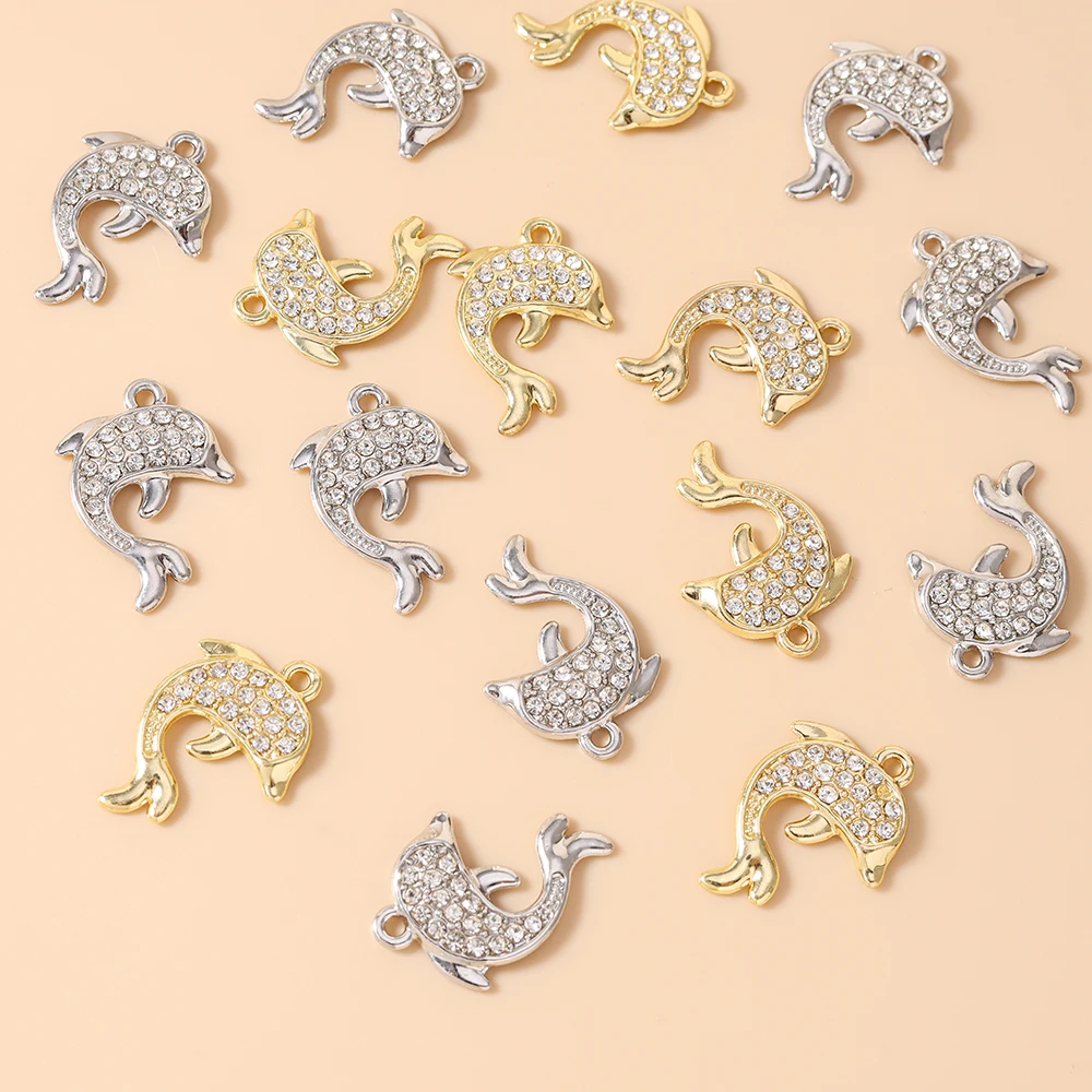 Leslie 10 Stück 18*25mm Gold Silber Farbe Klare Kristall-Delfin-Anhänger für Niedliche Charm-Ohrringe Halskette Handgemachter Schmuck – Detail 3