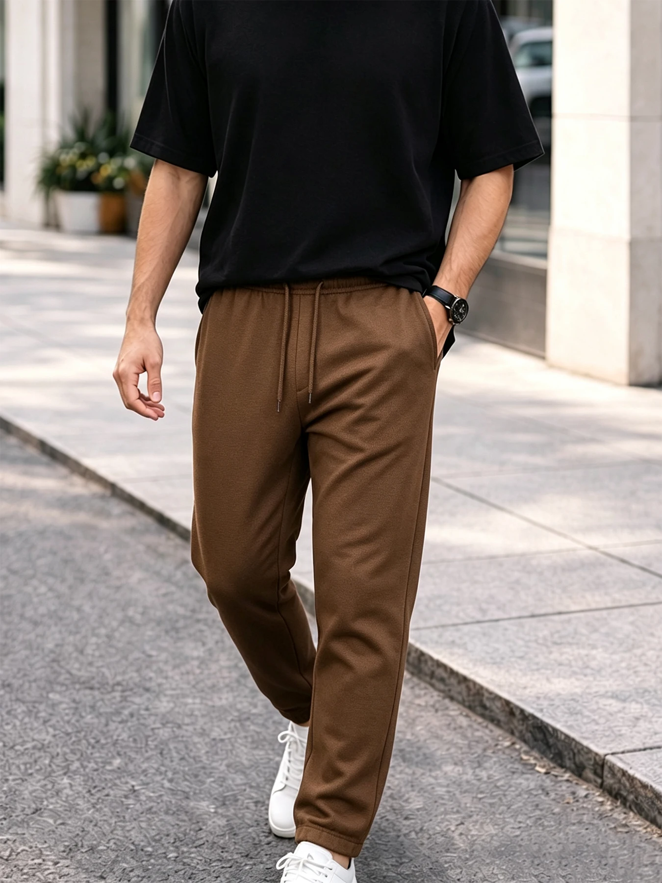 Men Straight Open Hem Sweatpants Elastic Drawstring Waist Pockets Soft Fleece Lined Knit Trousers Wrinkle Resistant Lightweight