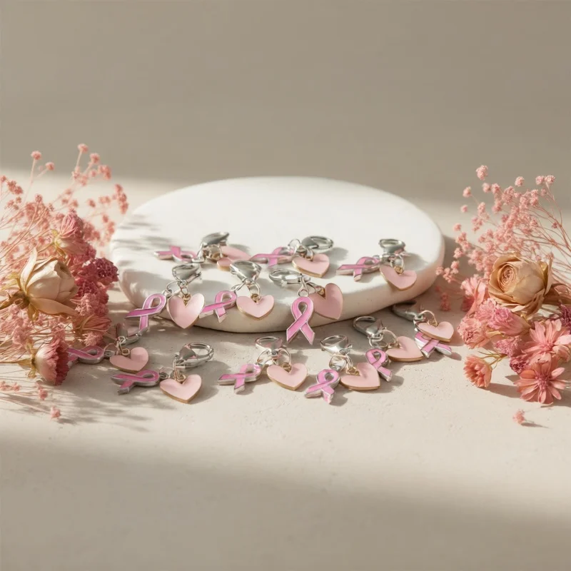 10/20pcs Pink Ribbon Heart Enamel Keychain Breast Cancer Awareness Charm Lobster Clasp Bag Pendant