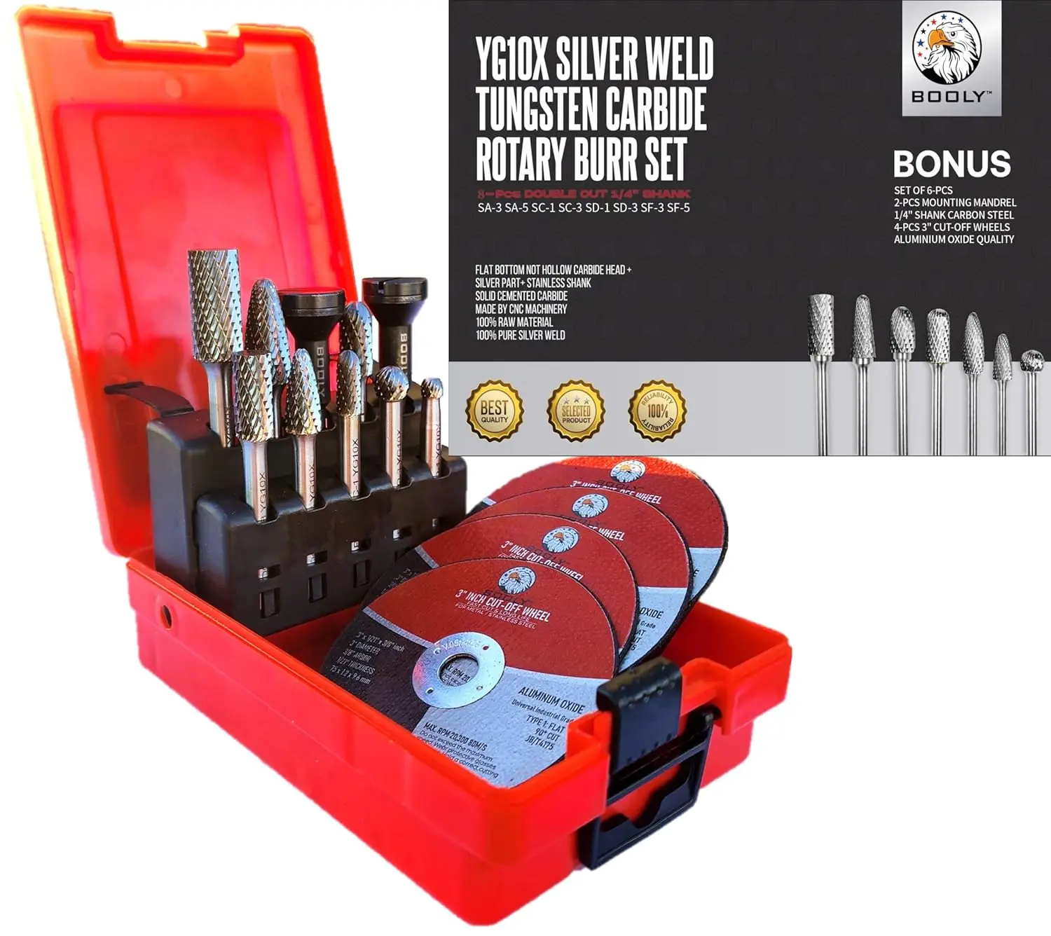 Premium-Hartmetallfräser-Set, 8-teilig, Doppelschnitt-Rotationsfräser mit 1/4 Zoll Schaft für Metallschleifen, inklusive Bonus-Kit