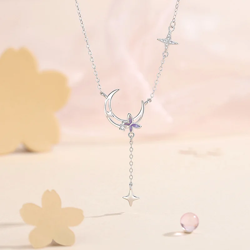 S925 butterfly sterling silver necklace haute moon tassel collarbone chain jewelry