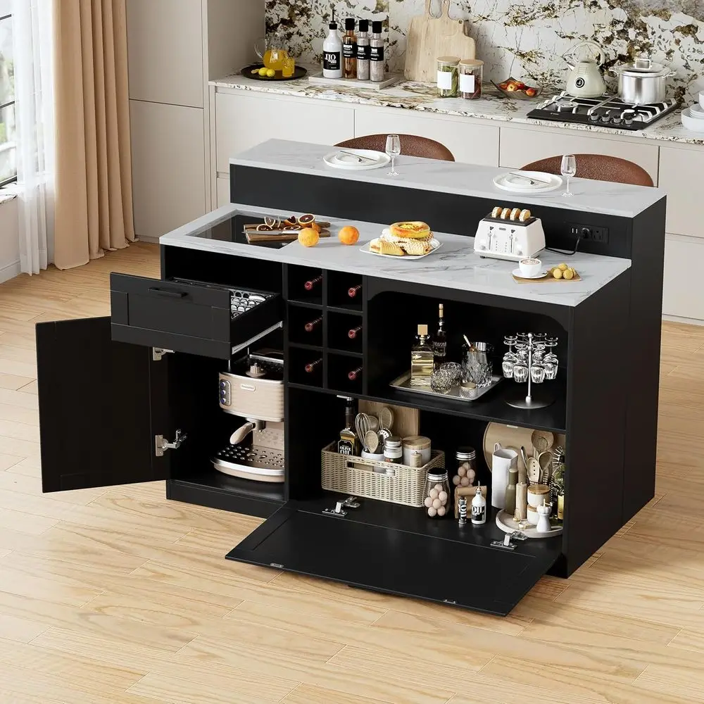 

49'' Marble Look Countertop Kitchen Island with Power Outlet, Storage, Shelves, Coffee Bar, and Wine Rack
