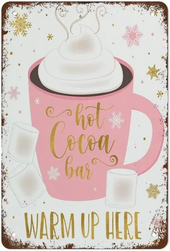 Funny Metal Tin Sign Hot Cocoa Bar Chocolate Table Pink Gold Snowflake Winter Shower Wall Poster Home B