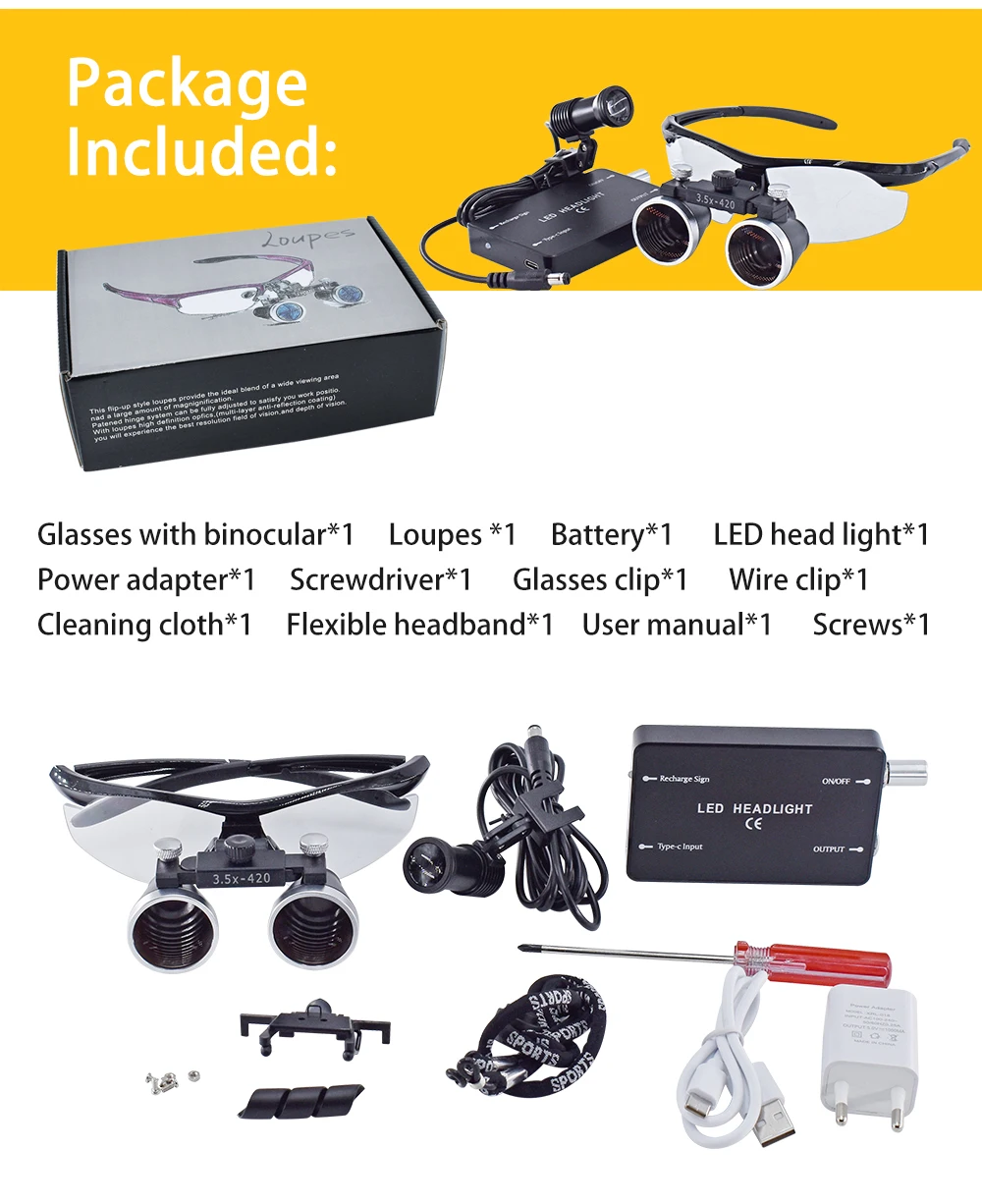 Dentistry Binocular Magnifier 2.5X 3.5X Ultra-lightweight Optical Loupes 320-420mm Magnifying Glass With Wireless 5W Headlamp