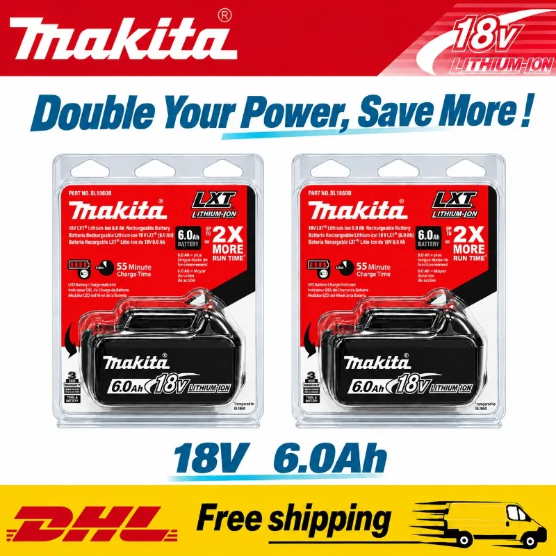 Makita 6Ah 18V BL1860B 100% Original Lithium-Ion Rechargeable Battery Pack High Capacity Long Lasting Replacement Battery