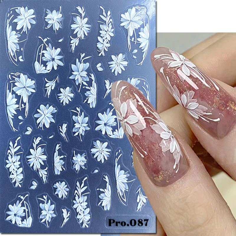 5d Embossed Nail Art Stickers White Flowers French Full Tips Adhesive Sliders Decals Decorated Nail Manicures
