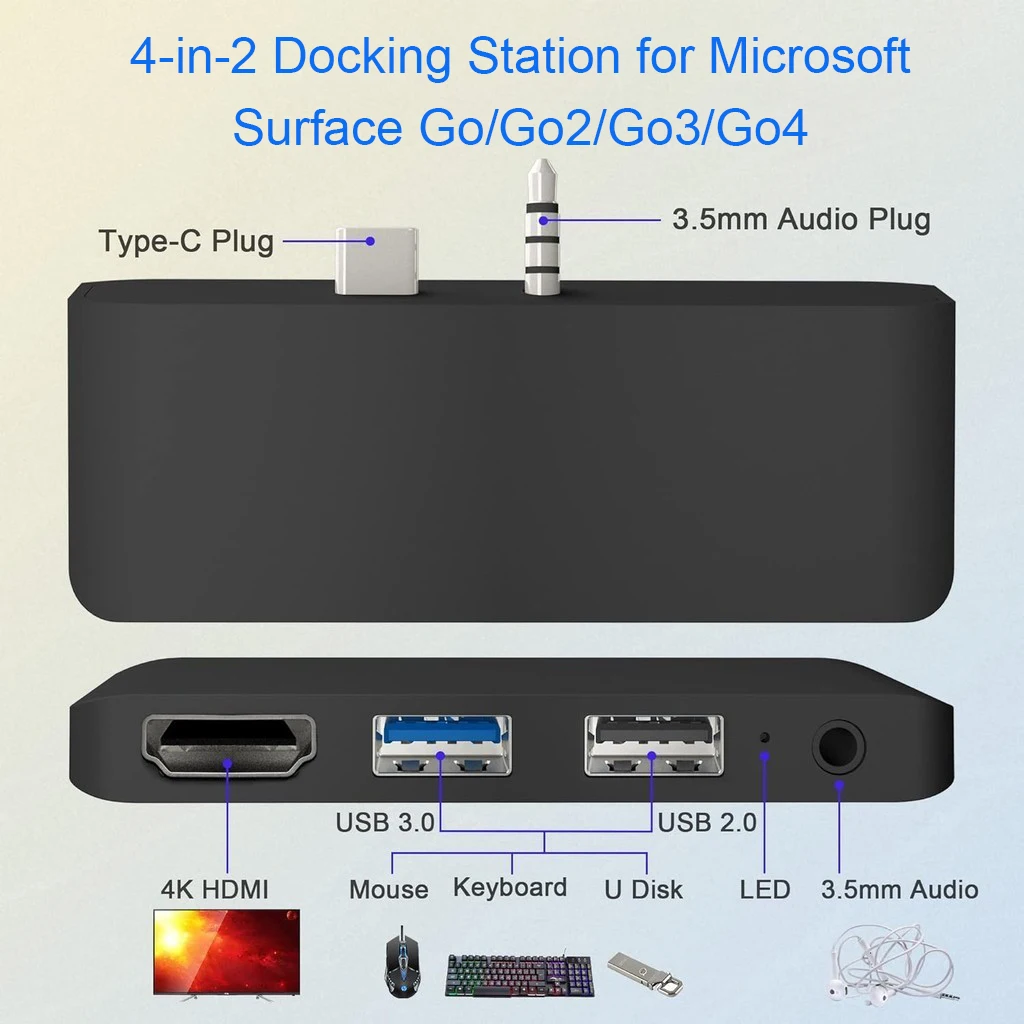 Surface Go/Go 2/Go3/Go4 Docking Station Adapter for Microsoft Surface Go Accessories with 4K HDMI+USB 3.0 Port Hub