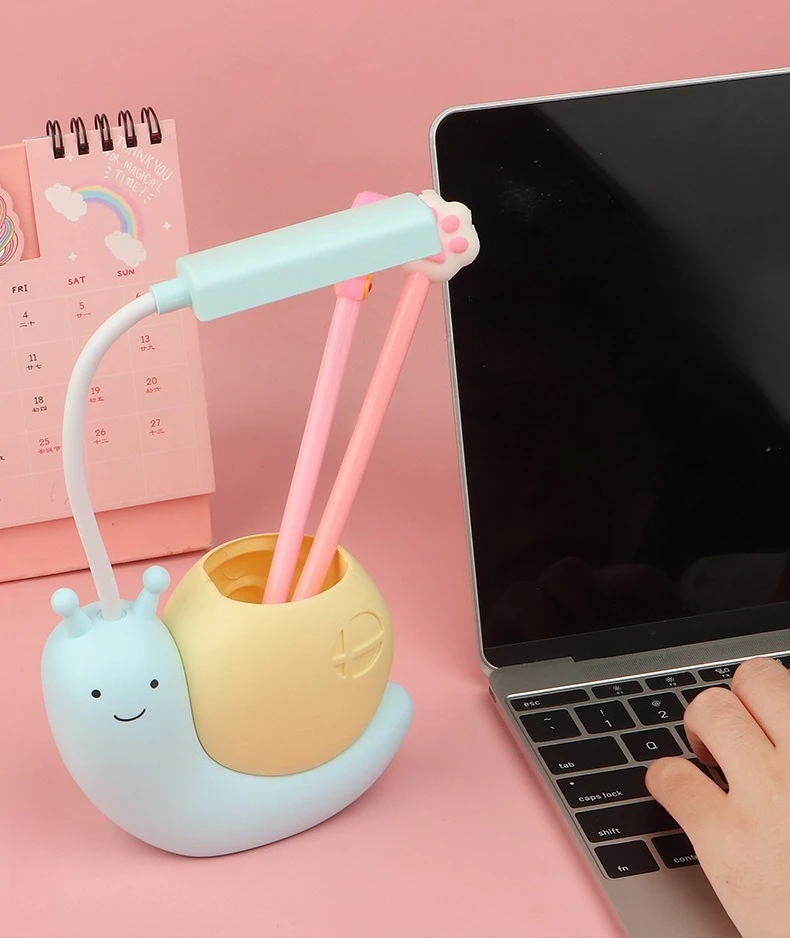 Multi-Functional LED Desk Lamp Student Learning with Pen Holder Night Light Snail Shape USB Rechargeable Bendable Cute Kids Lamp
