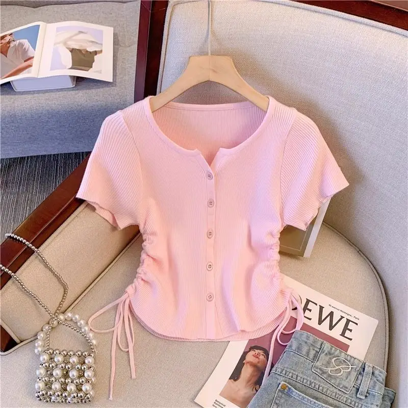 V-neck Drawstring Strap Waist-hugging and Slim Fit for Women's Design Niche Short-sleeved Sweater T-shirt Short Top