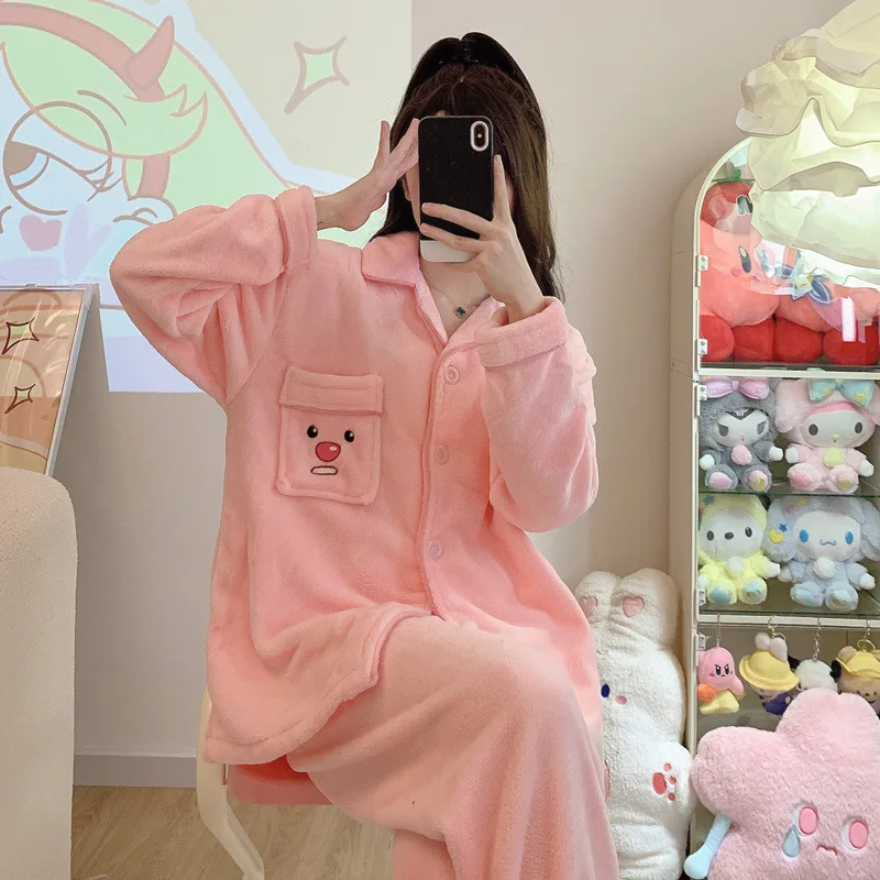 

Kawaii Cartoon Anime Coral Velvet Loopy Pajamas Set Autumn and Winter Thickened Velvet Winter Cute Home Clothes