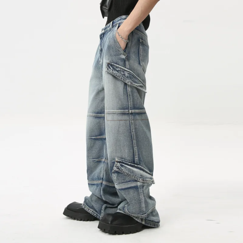 NOYMEI Cargo Pants Pockets Summer 2024 New Denim Straight Wide Leg Pants American Style Men's Jean Deconstruction Chic WA4553