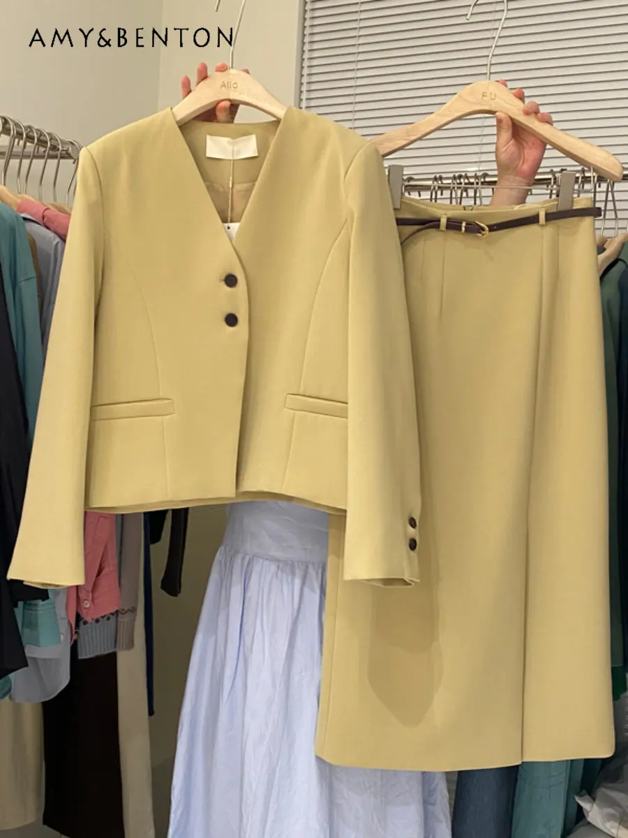 

Women's Spring and Autumn New Korean Style Fashionable Temperament Business Suit Coat + Mid-length Split Skirt Two-Piece Set