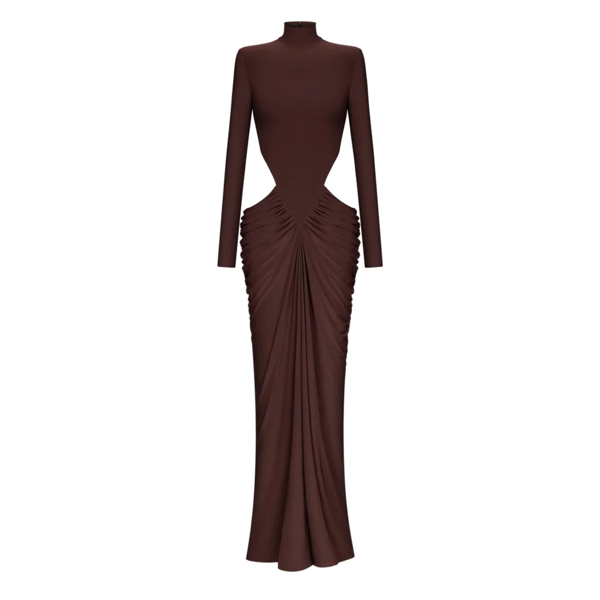 BJTZ 2026 ربيع الخريف جديد مثير قطع الخصر فستان المرأة مطوي عالية الرقبة طويلة الأكمام موضة Bodycon ميداxi فساتين السهرة