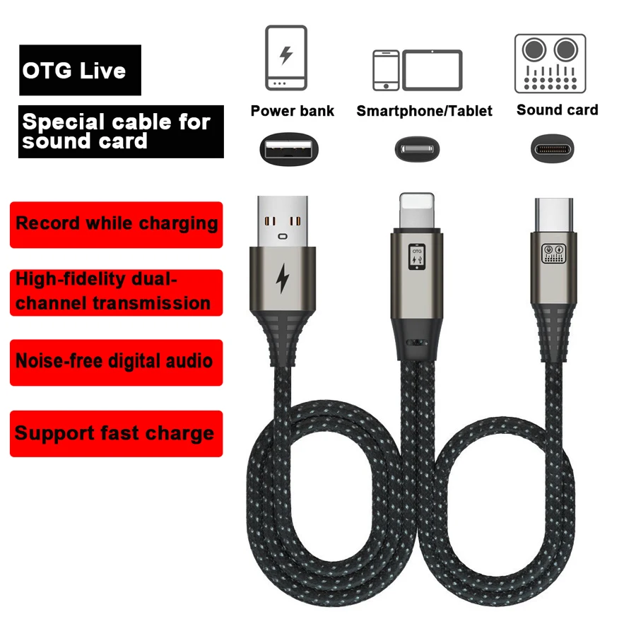 OTG Kabel Transmisi Saluran Ganda Ketepatan Tinggi Mendukung Pengisian Daya Cepat Soundcard Power Bank Noise Reduction untuk Ponsel Pintar/Tablet