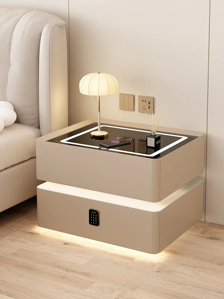 Solid wood cream wind smart bedside table simple modern rock slab bedroom home light luxury advanced free installation bedsi