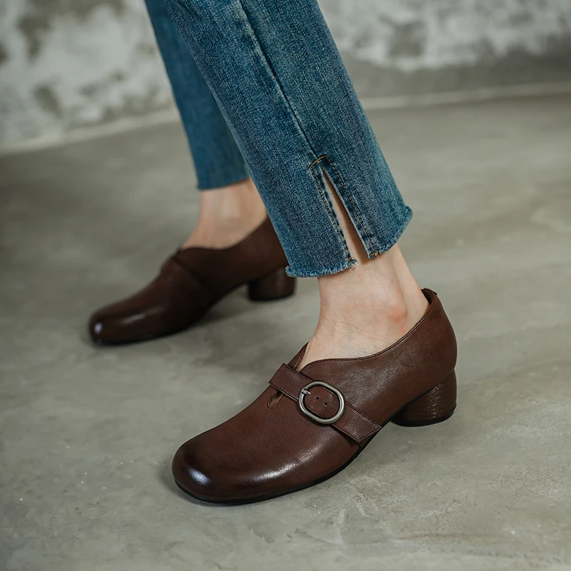 Women Pumps Real Leather Shoes Big Toe Shoes Block Heels Handmade Retro Simple Shoes Slip On Spring Autumn Daily Pumps