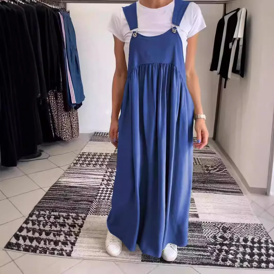 

Casual Solid Color Sleeveless Strap Dress Women Elegant Commuting Dresses Fashion Loose Cotton Linen A-line Big Hem Long Skirt