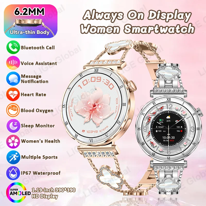 

LIGE For Huawei Xiaomi Ultra Thin Smart Watch Women Screen Always Display Time Sports Bracelet Bluetooth Call AMOLED Smartwatch