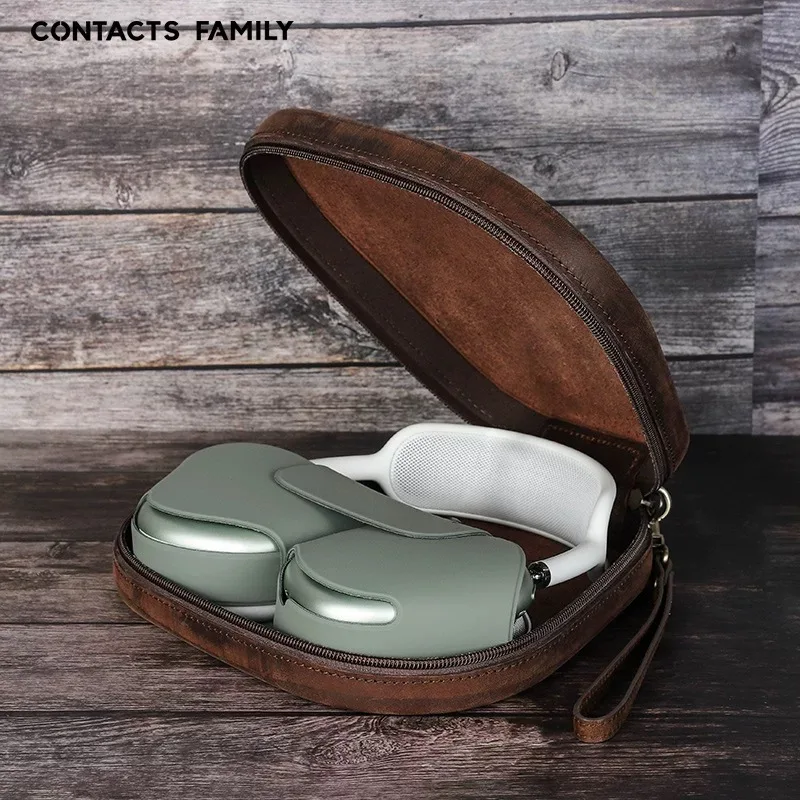 에어팟 맥스 보호 커버용, 천연 크레이지 호스 가죽 휴대용 지퍼 수납 헤드폰 가방