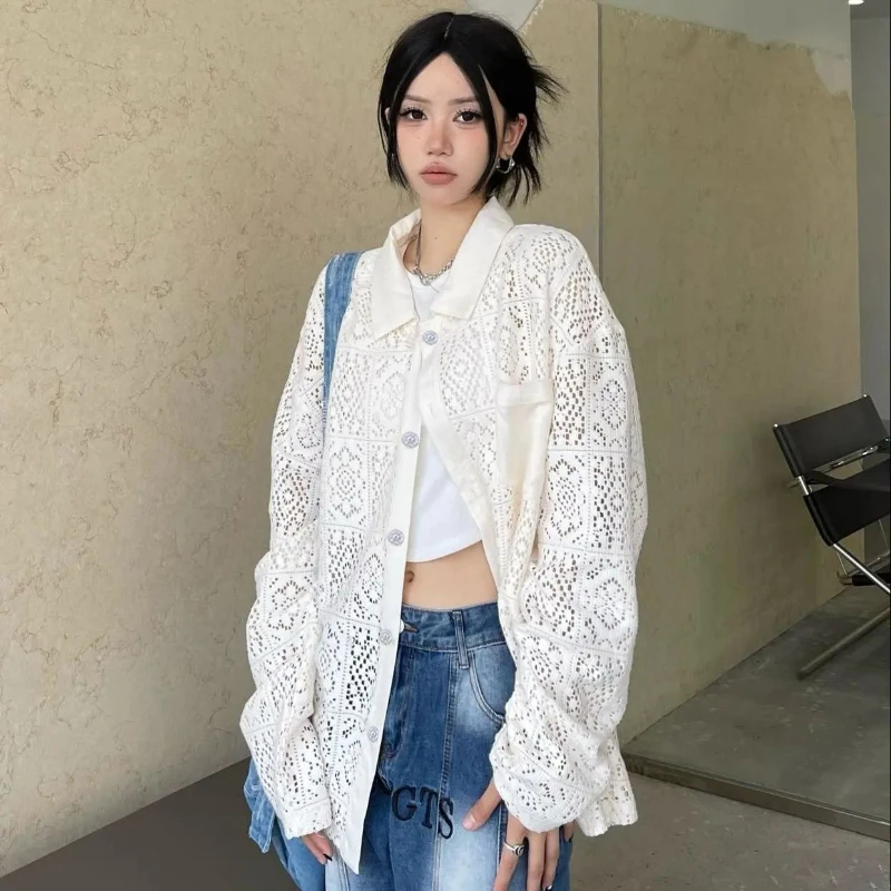 Hollow Out Women's Shirt Summer Long Sleeved Shirt With Front Pockets Sunscreen Beach Woman Casual Loose Button Down Top