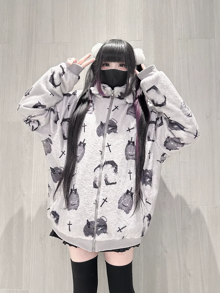 

Subculture Gothic Style Rabbit Ear Hooded Fleece Jackets for Women Cute Japanese Style Mass-Produced Thickened Plush Jacket