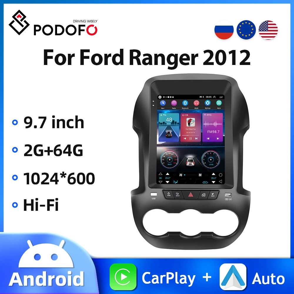 Podofo Android 9.7'' Car Radio For Ford Ranger 2012 Multimedia Video Player Carplay Android Auto GPS WIFI 2Din 2+64G Autoradio