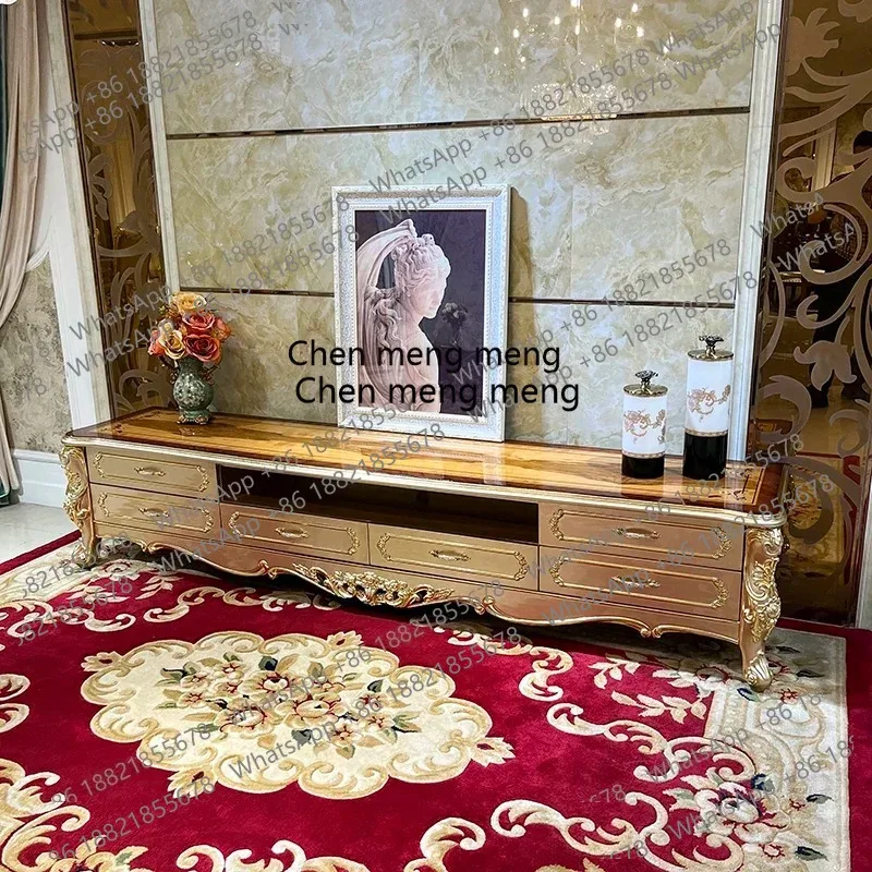 French solid wood TV cabinet European luxury carved classical living room background solid wood living room cabinet
