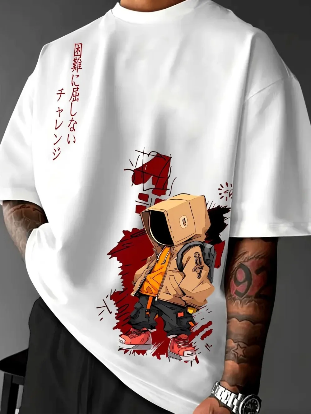 American men's summer cartoon cardboard box letter print micro elastic breathable round neck T-shirt outdoor city street top