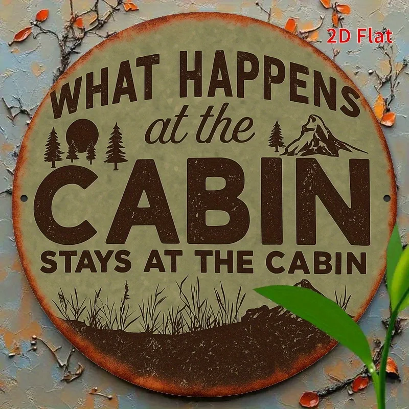 مسطح ثنائي الأبعاد، قطعة واحدة من فن الحائط للمقصورة الريفية - "ماذا يحدث في المقصورة يبقى في المقصورة" علامة حديدية بتصميم جبل وشجرة صنوبر #3